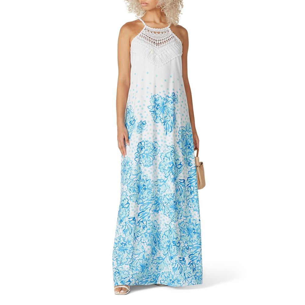 Lilly Pulitzer Pearl Soft Maxi Dress in white blue floral crochet WOMENS 10 - Picture 10 of 10
